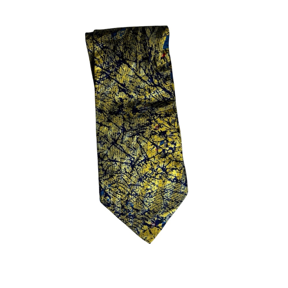 Vintage Serica Elite handmade silk Italian yellow abstract paint splatter tie